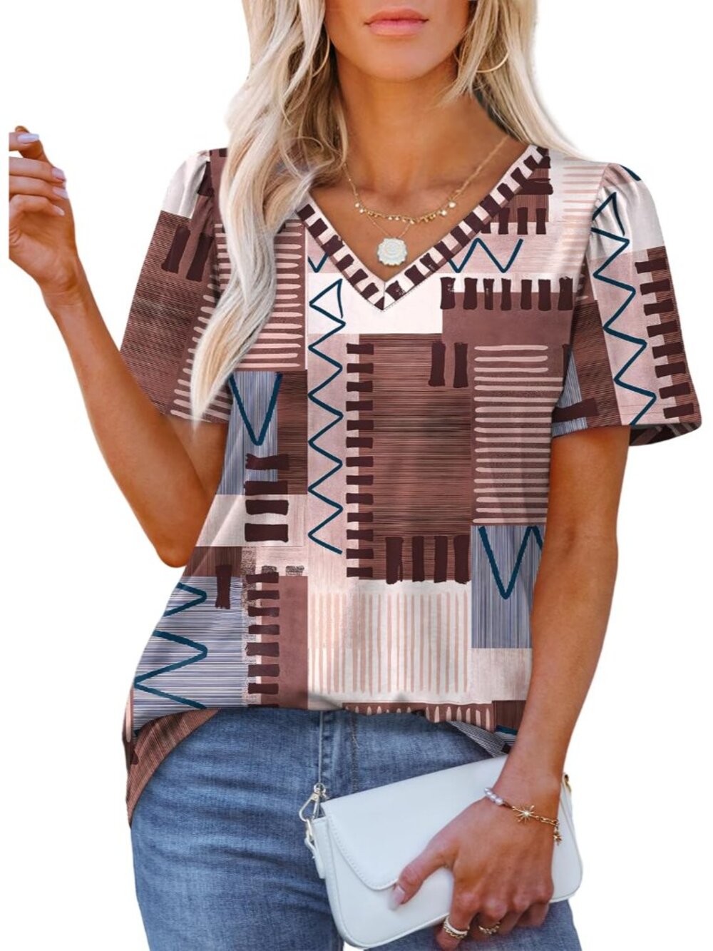T Shirts for Women V Neck Dressy Casual Blouses Puff Short Sleeve Summer Tops Lo